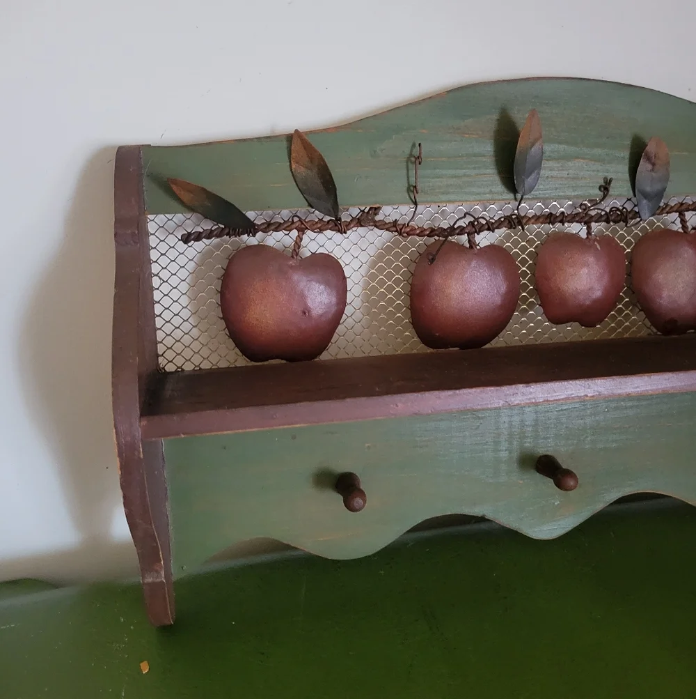 Rustic Wood & Metal Apple Wall Hook Shelf Rack - Green Burgundy Brown